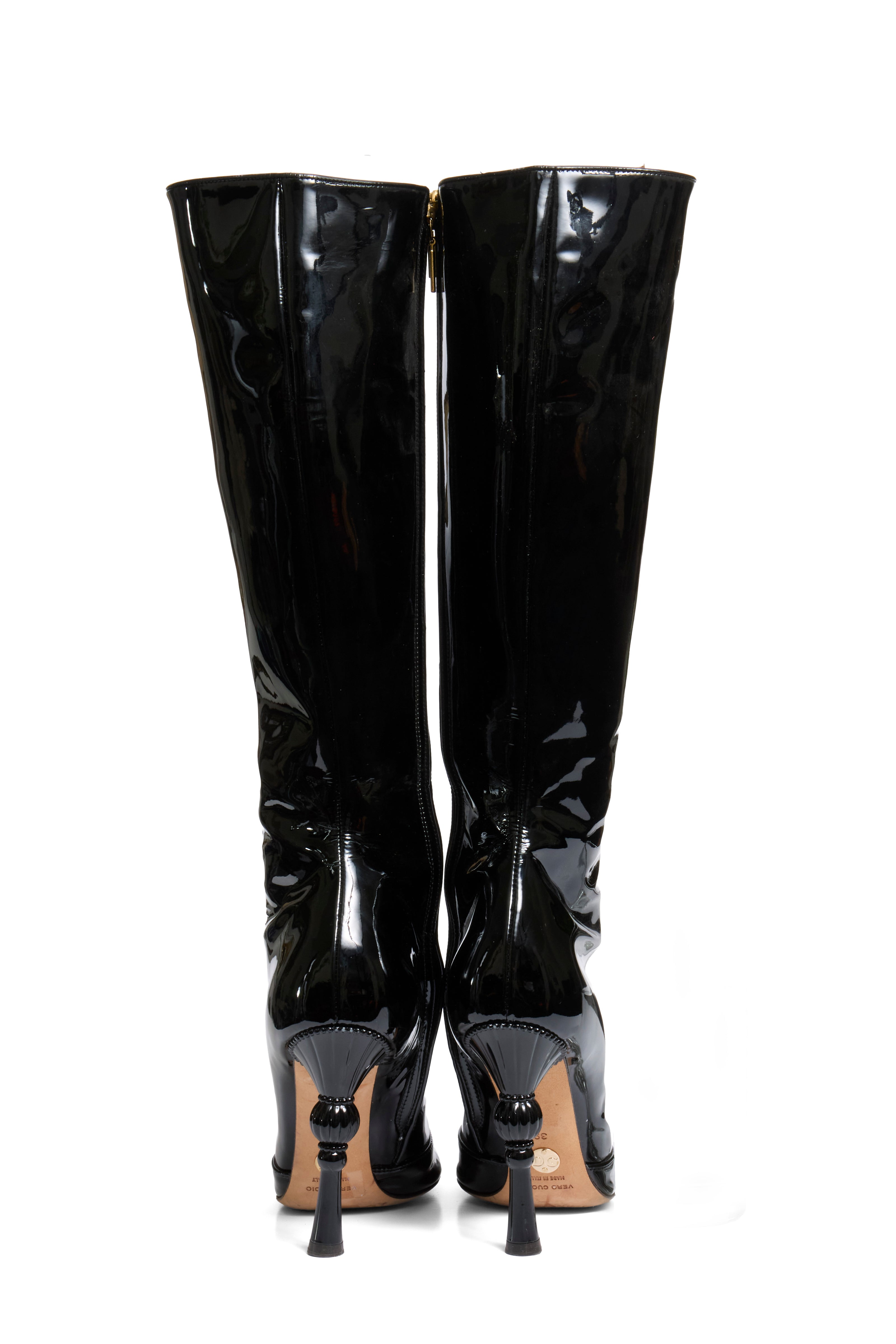 Dolce Gabbana FW07 Patent Leather Baroque-Heel Knee-High Boots Size 39