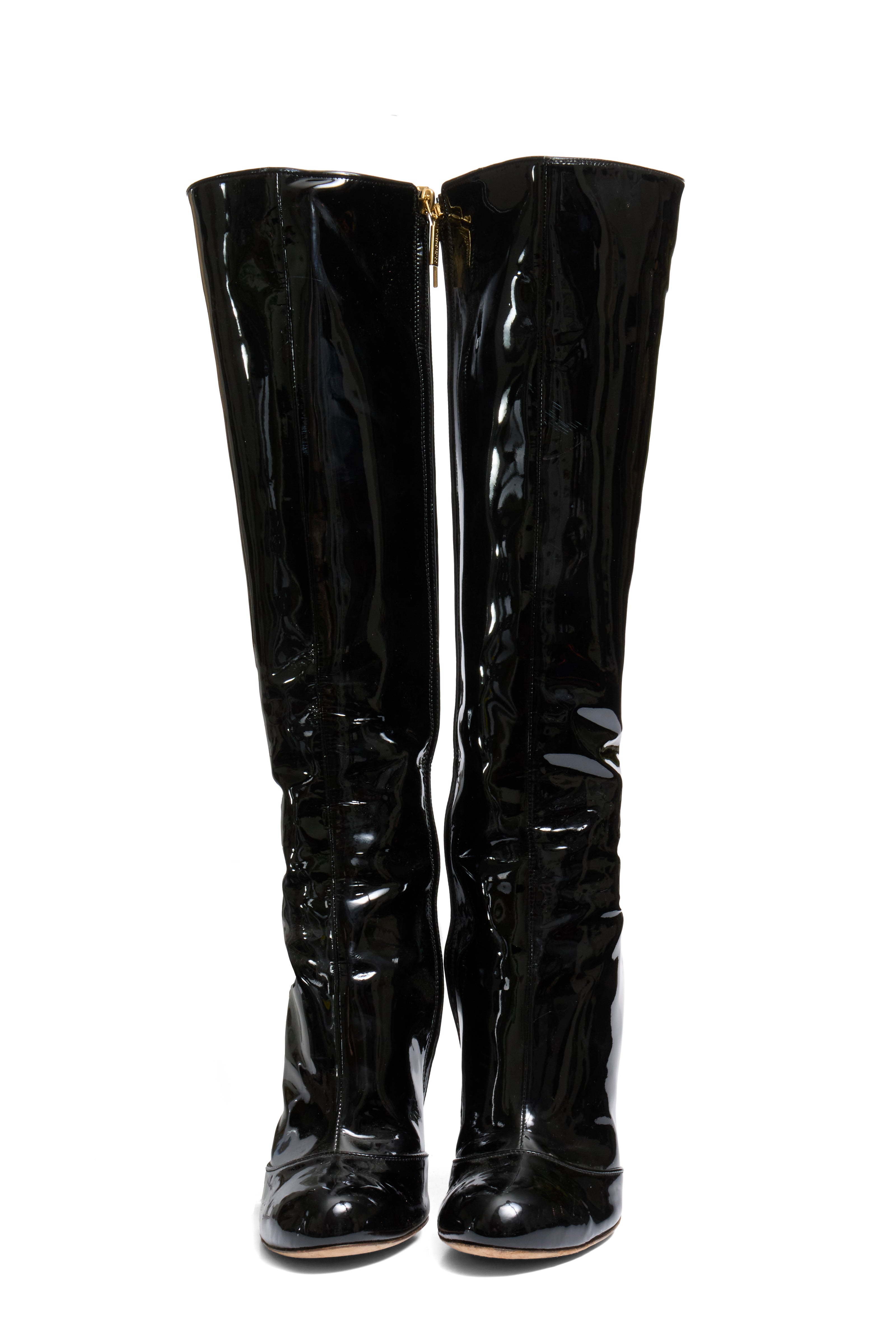Dolce Gabbana FW07 Patent Leather Baroque-Heel Knee-High Boots Size 39