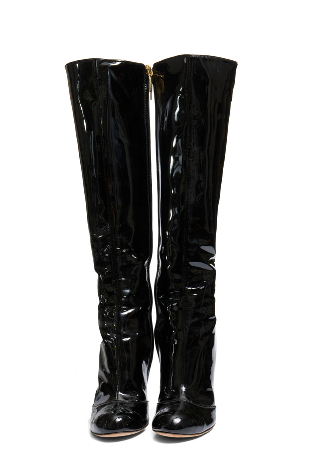 Dolce Gabbana FW07 Patent Leather Baroque-Heel Knee-High Boots Size 39