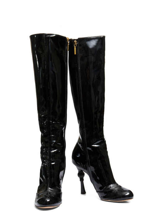 Dolce Gabbana FW07 Patent Leather Baroque-Heel Knee-High Boots Size 39