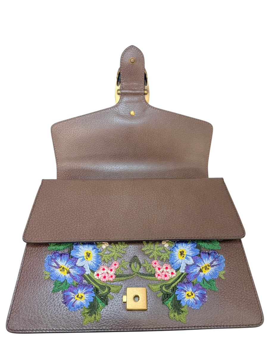 Gucci Dionysus Embroidered Floral Leather Shoulder Bag Taupe Web Stripe