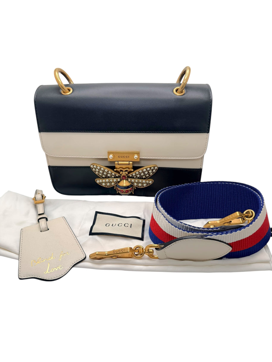 Gucci Queen Margaret Bee Tricolor Shoulder Bag White Red Navy Leather
