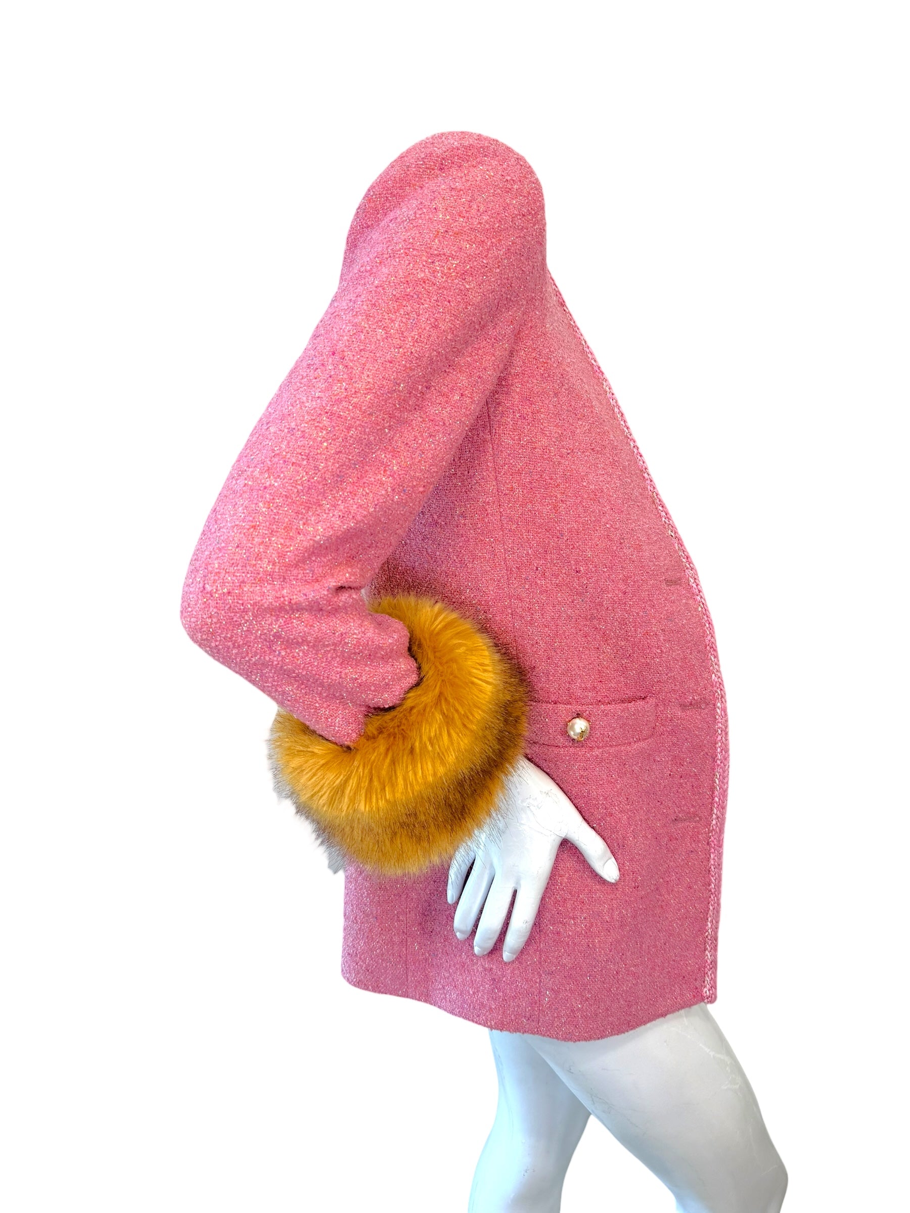 Saint Laurent Pink Tweed Faux Fur Cuff Jacket FW2021 Size FR38