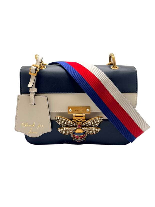 Gucci Queen Margaret Bee Tricolor Shoulder Bag White Red Navy Leather