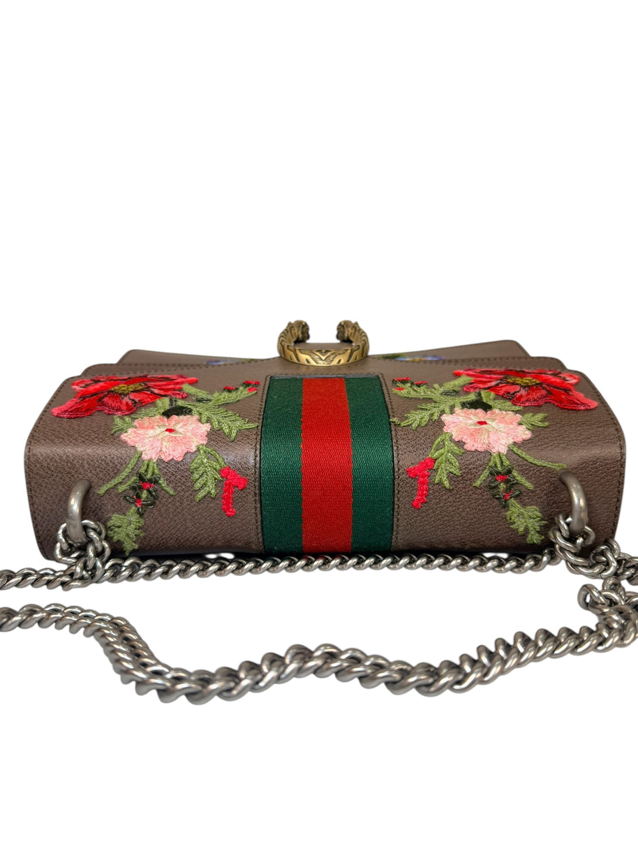 Gucci Dionysus Embroidered Floral Leather Shoulder Bag Taupe Web Stripe
