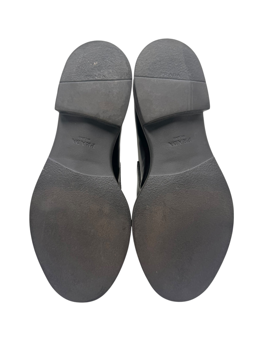 Prada Black Brushed Leather Triangle Logo Loafers Size 38
