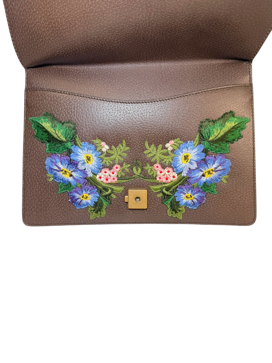Gucci Dionysus Embroidered Floral Leather Shoulder Bag Taupe Web Stripe