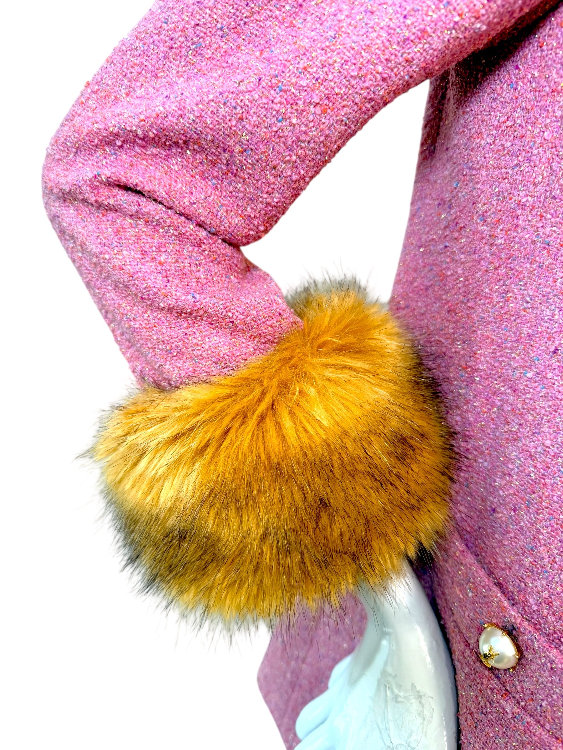 Saint Laurent Pink Tweed Faux Fur Cuff Jacket FW2021 Size FR38