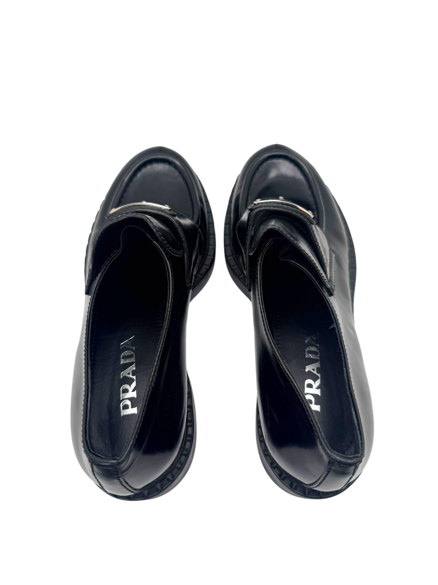 Prada Black Brushed Leather Triangle Logo Loafers Size 38