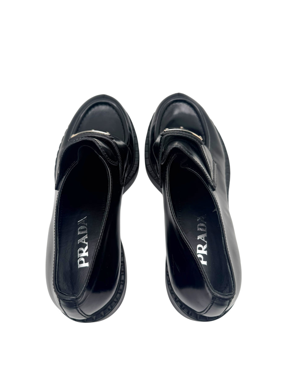 Prada Black Brushed Leather Triangle Logo Loafers Size 38