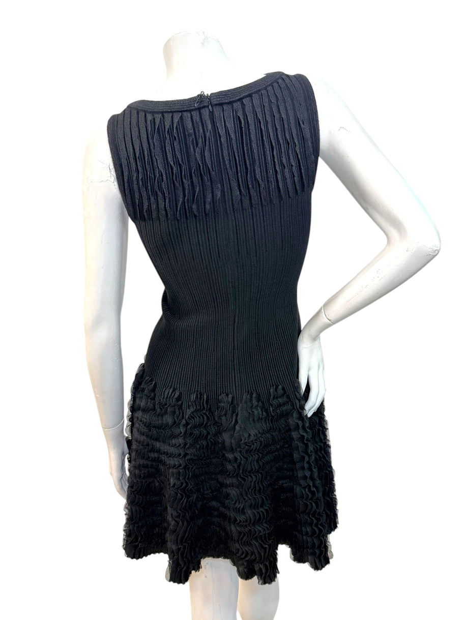 Alaïa Black Ribbed Knit Dress with Sculptural Ruffle Skirt | Size FR 38