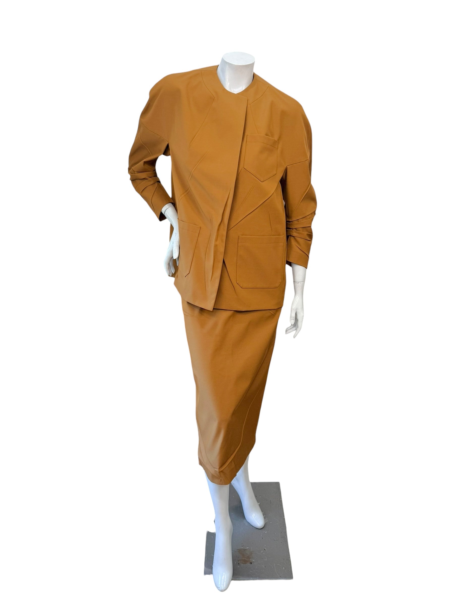 Prada SS2023 Camel Jacket & Pencil Skirt Set IT 38 | Sculpted Made in Italy