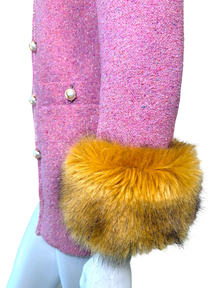 Saint Laurent Pink Tweed Faux Fur Cuff Jacket FW2021 Size FR38