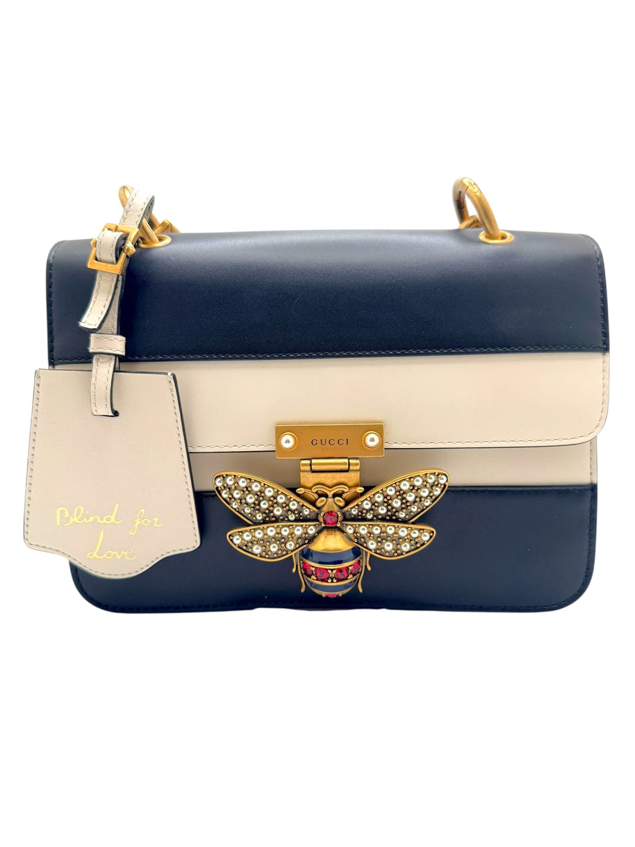 Gucci Queen Margaret Bee Tricolor Shoulder Bag White Red Navy Leather