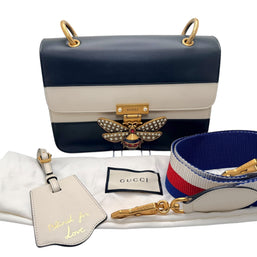 Gucci Queen Margaret Bee Tricolor Shoulder Bag White Red Navy Leather