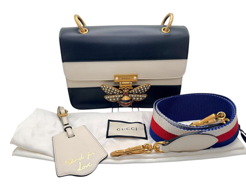 Gucci Queen Margaret Bee Tricolor Shoulder Bag White Red Navy Leather