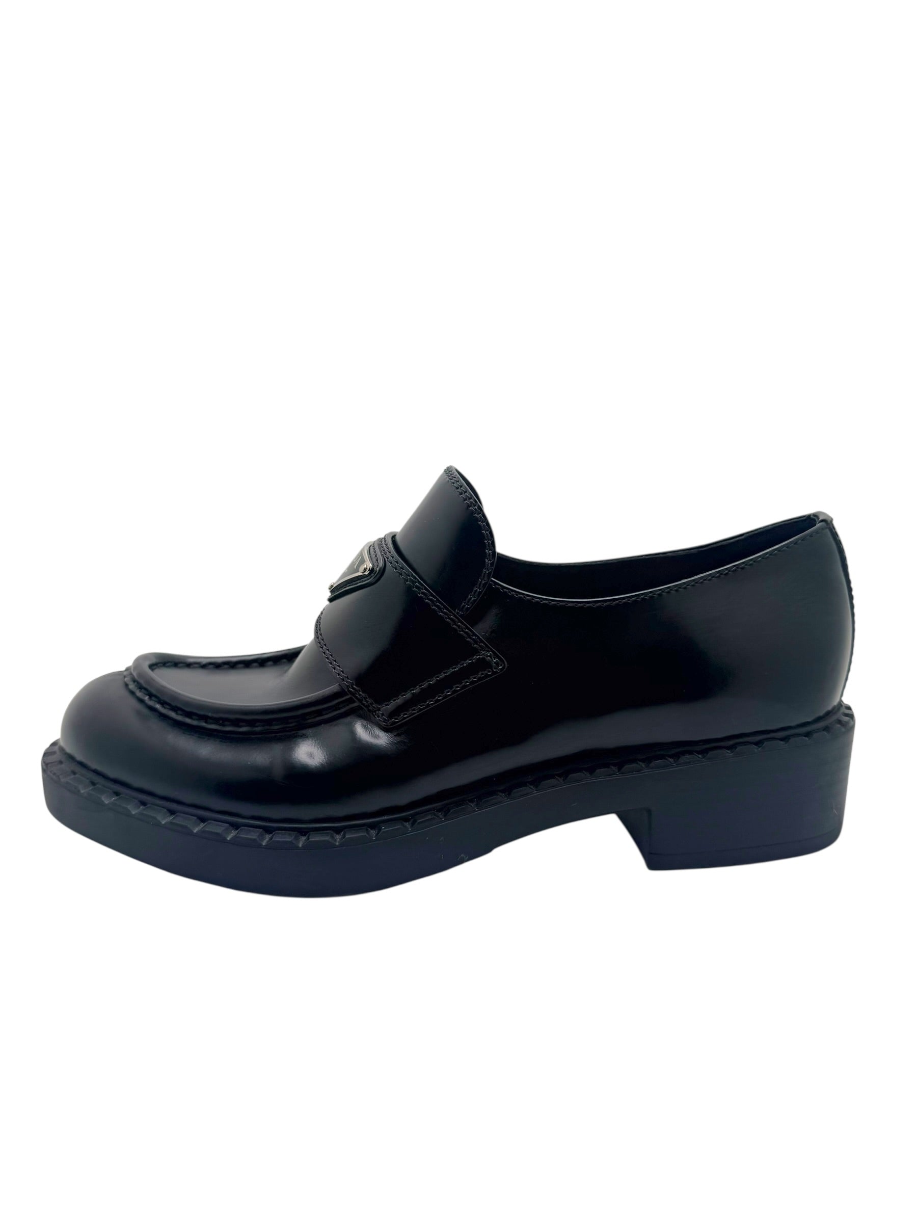 Prada Black Brushed Leather Triangle Logo Loafers Size 38