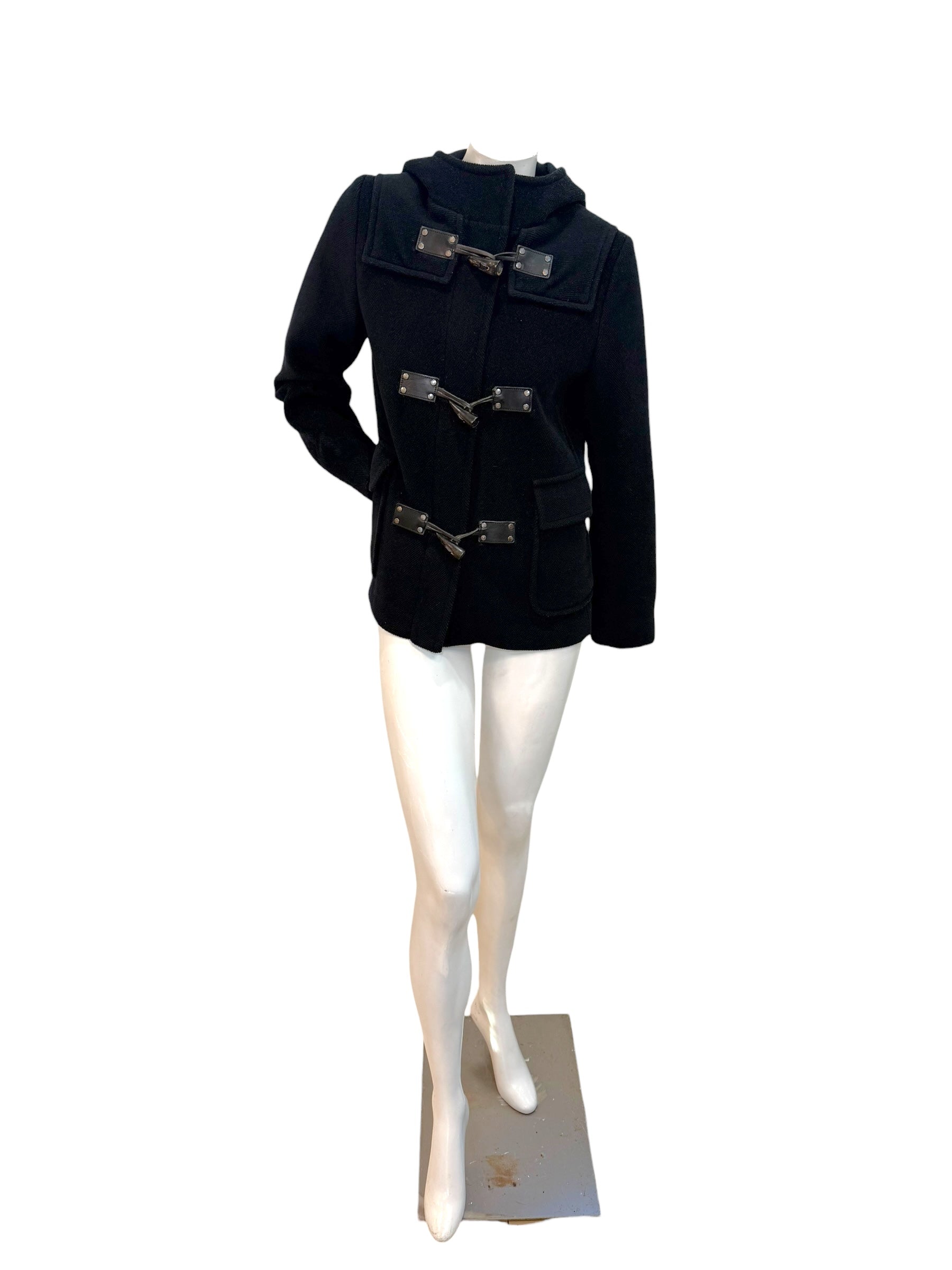 Burberry Black Wool Duffle Jacket with Hood Made in England (Early 2000s) S