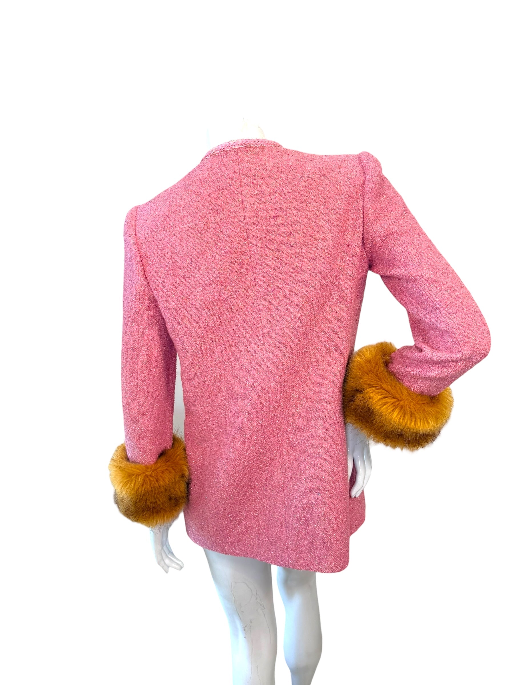 Saint Laurent Pink Tweed Faux Fur Cuff Jacket FW2021 Size FR38