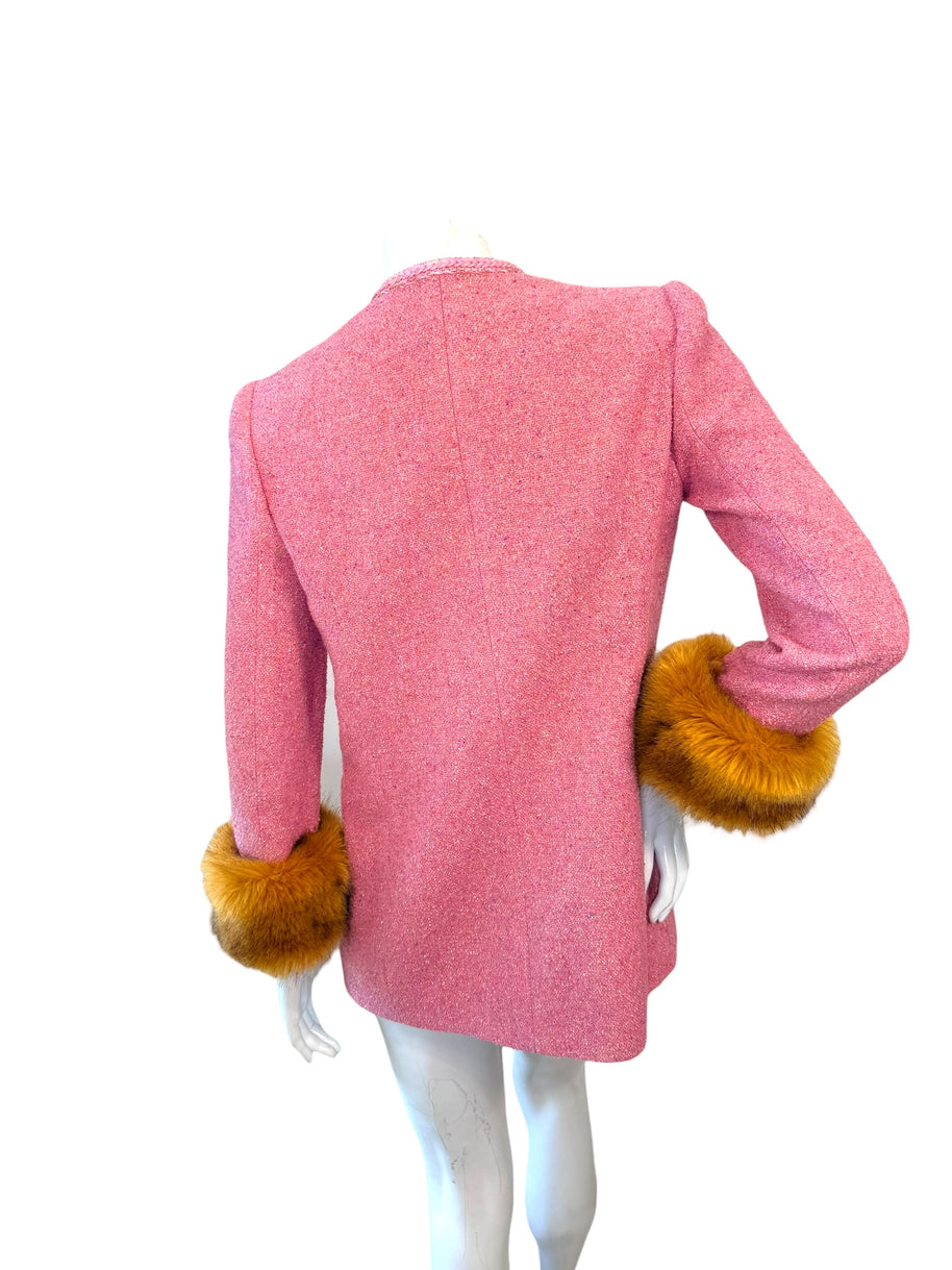 Saint Laurent Pink Tweed Faux Fur Cuff Jacket FW2021 Size FR38