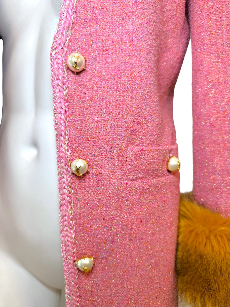 Saint Laurent Pink Tweed Faux Fur Cuff Jacket FW2021 Size FR38