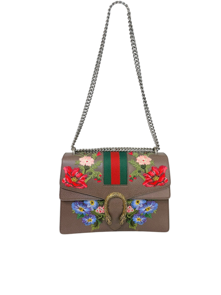 Gucci Dionysus Embroidered Floral Leather Shoulder Bag Taupe Web Stripe