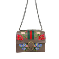 Gucci Dionysus Embroidered Floral Leather Shoulder Bag Taupe Web Stripe
