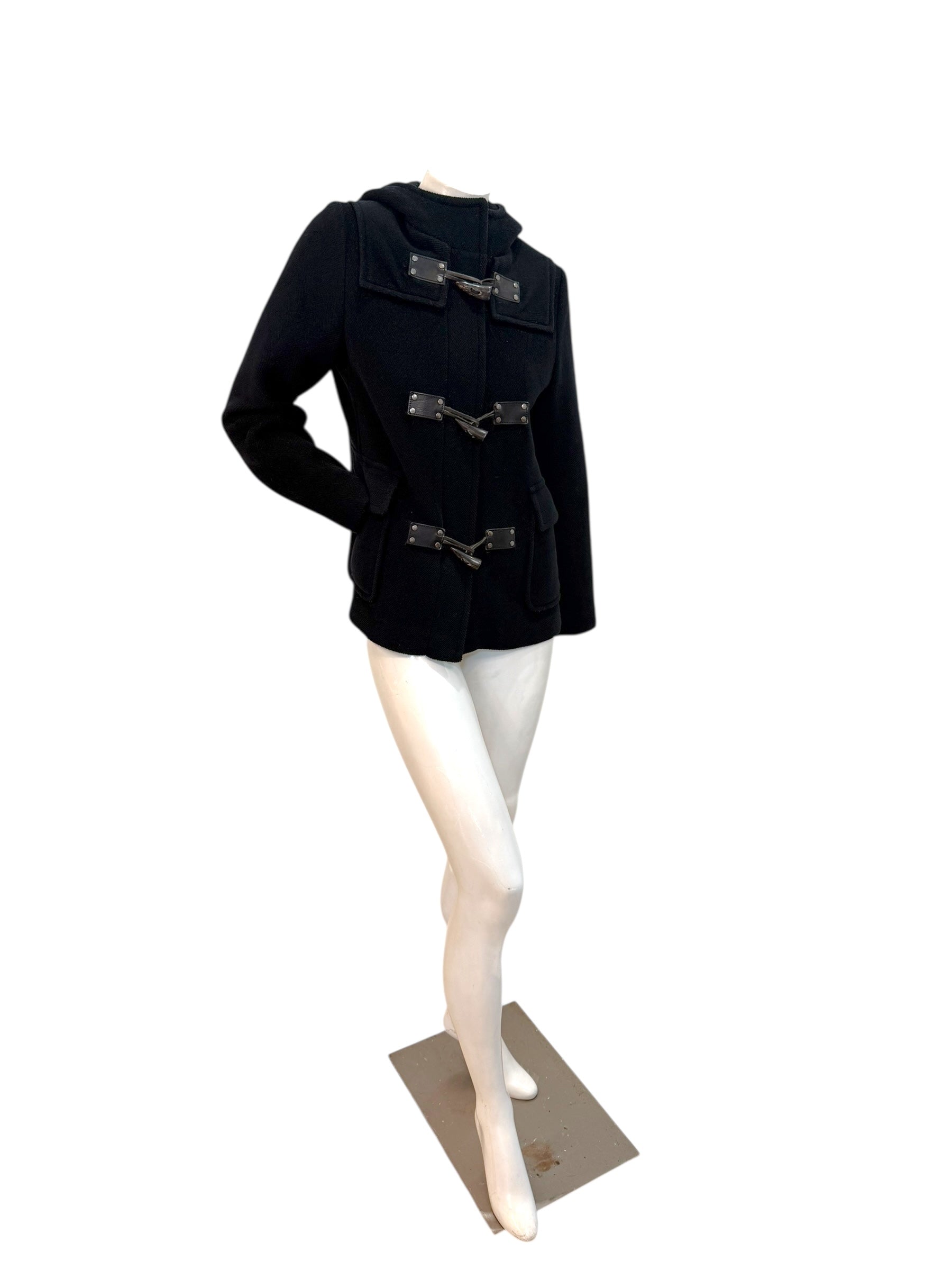 Burberry Black Wool Duffle Jacket with Hood Made in England (Early 2000s) S