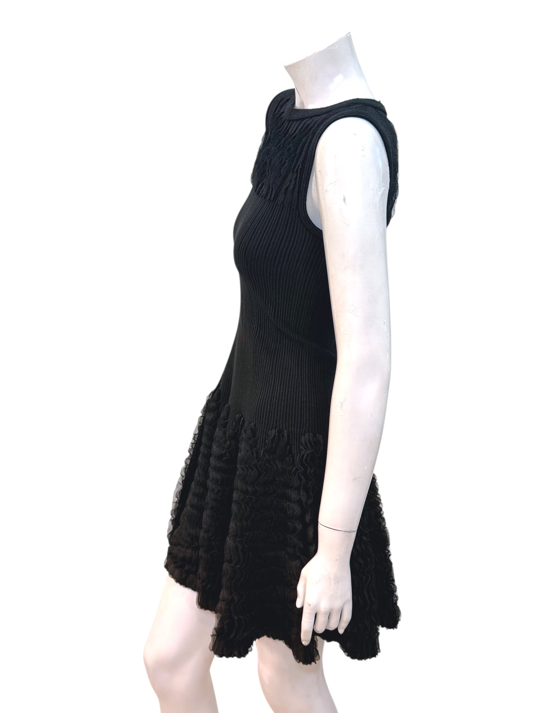 Alaïa Black Ribbed Knit Dress with Sculptural Ruffle Skirt | Size FR 38