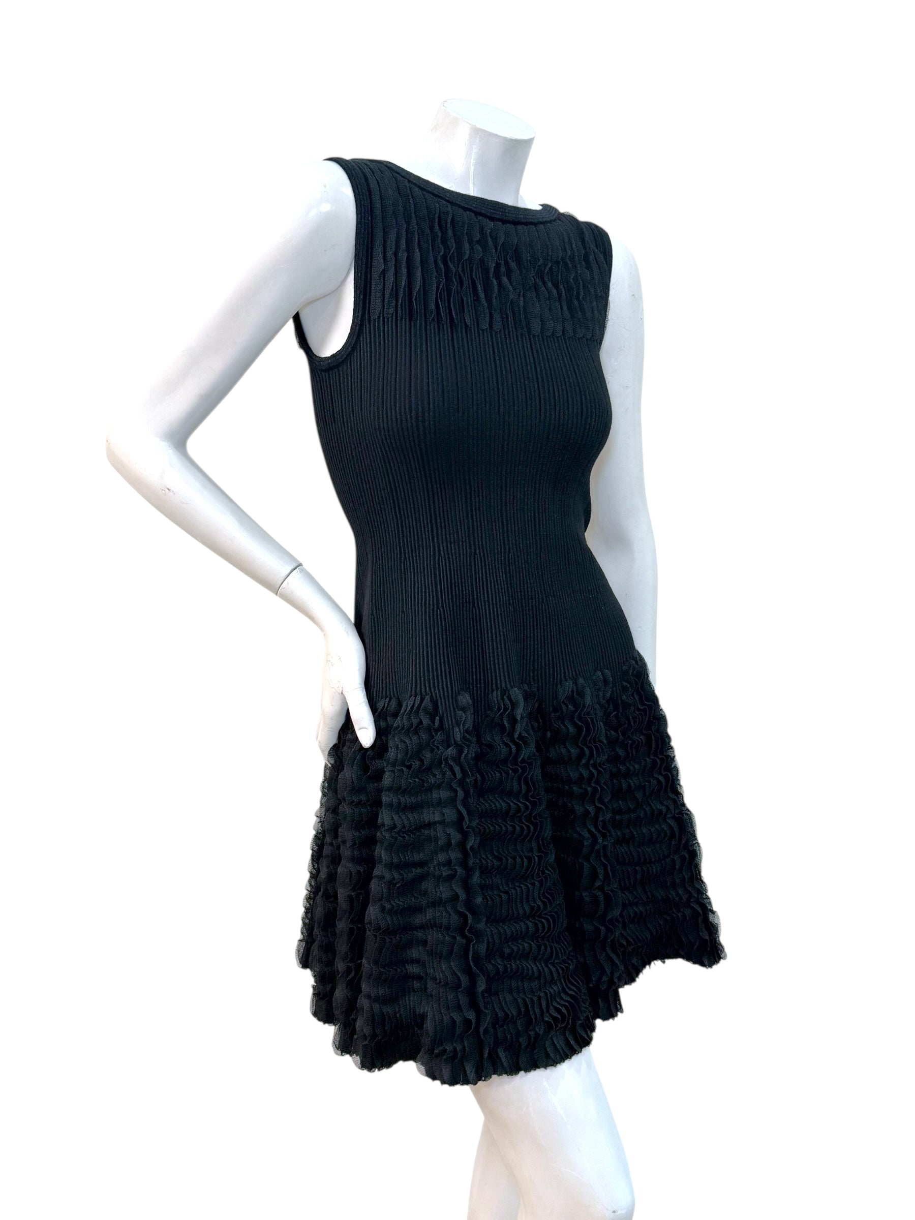 Alaïa Black Ribbed Knit Dress with Sculptural Ruffle Skirt | Size FR 38