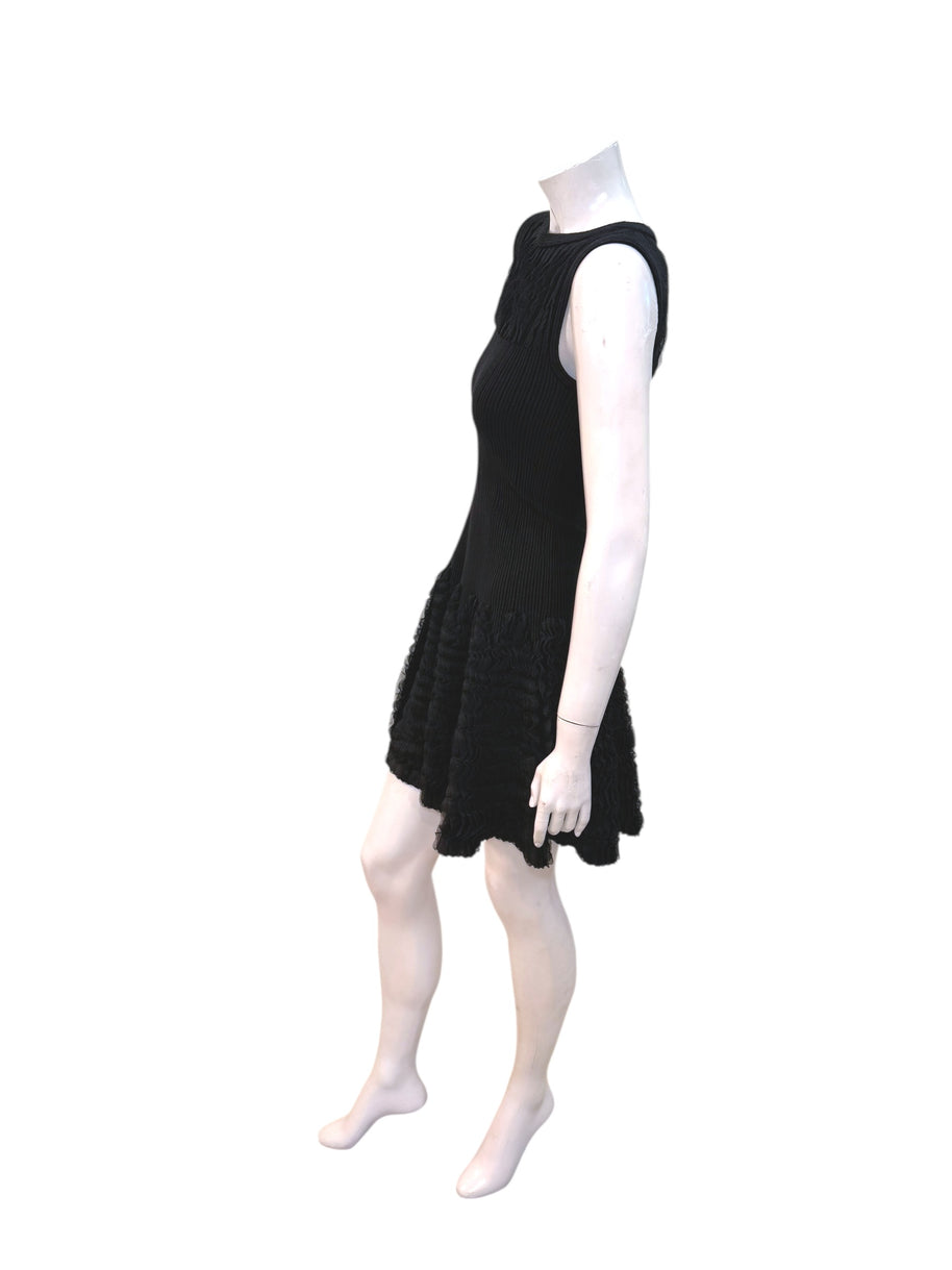 Alaïa Black Ribbed Knit Dress with Sculptural Ruffle Skirt | Size FR 38