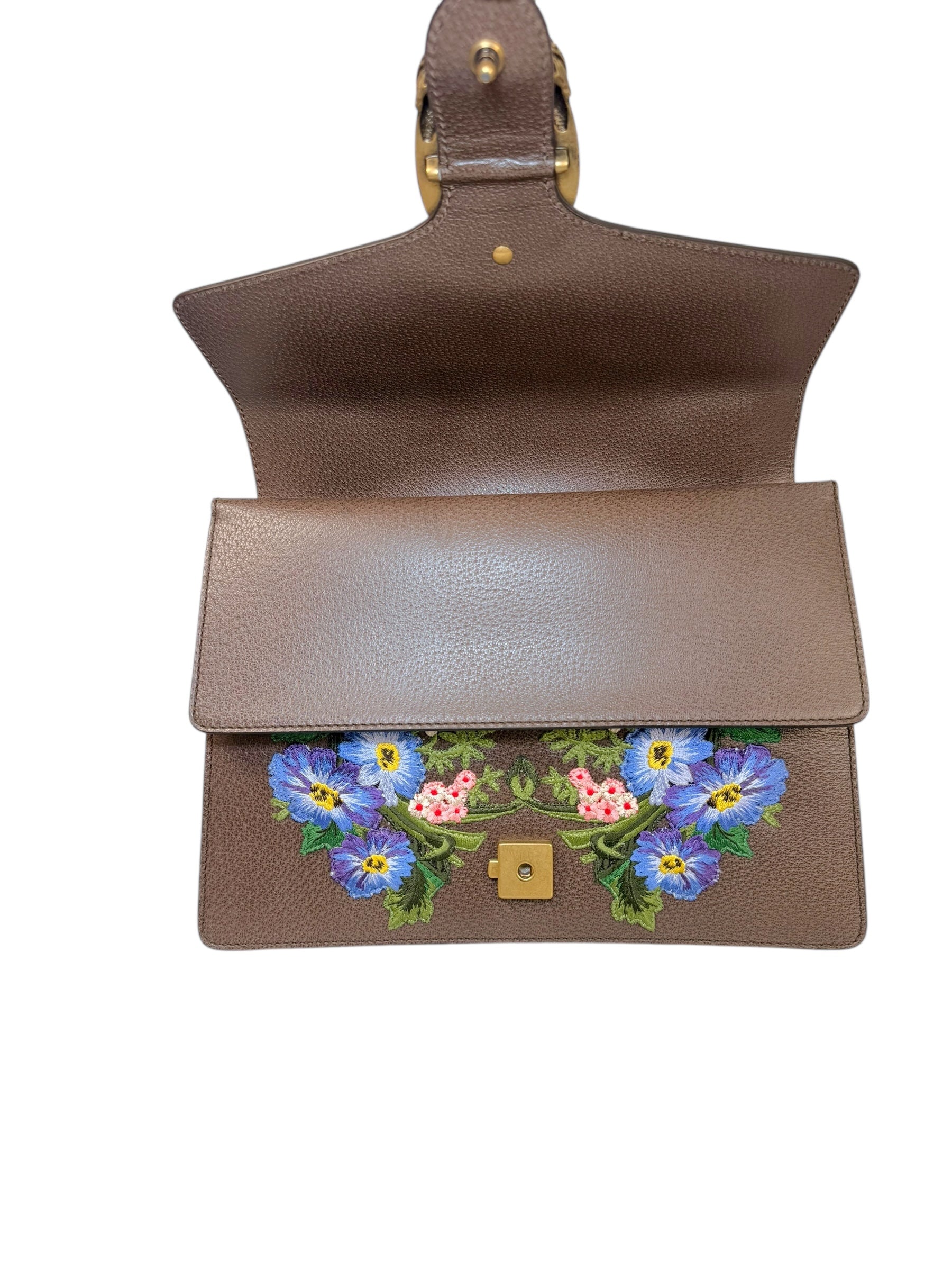 Gucci Dionysus Embroidered Floral Leather Shoulder Bag Taupe Web Stripe