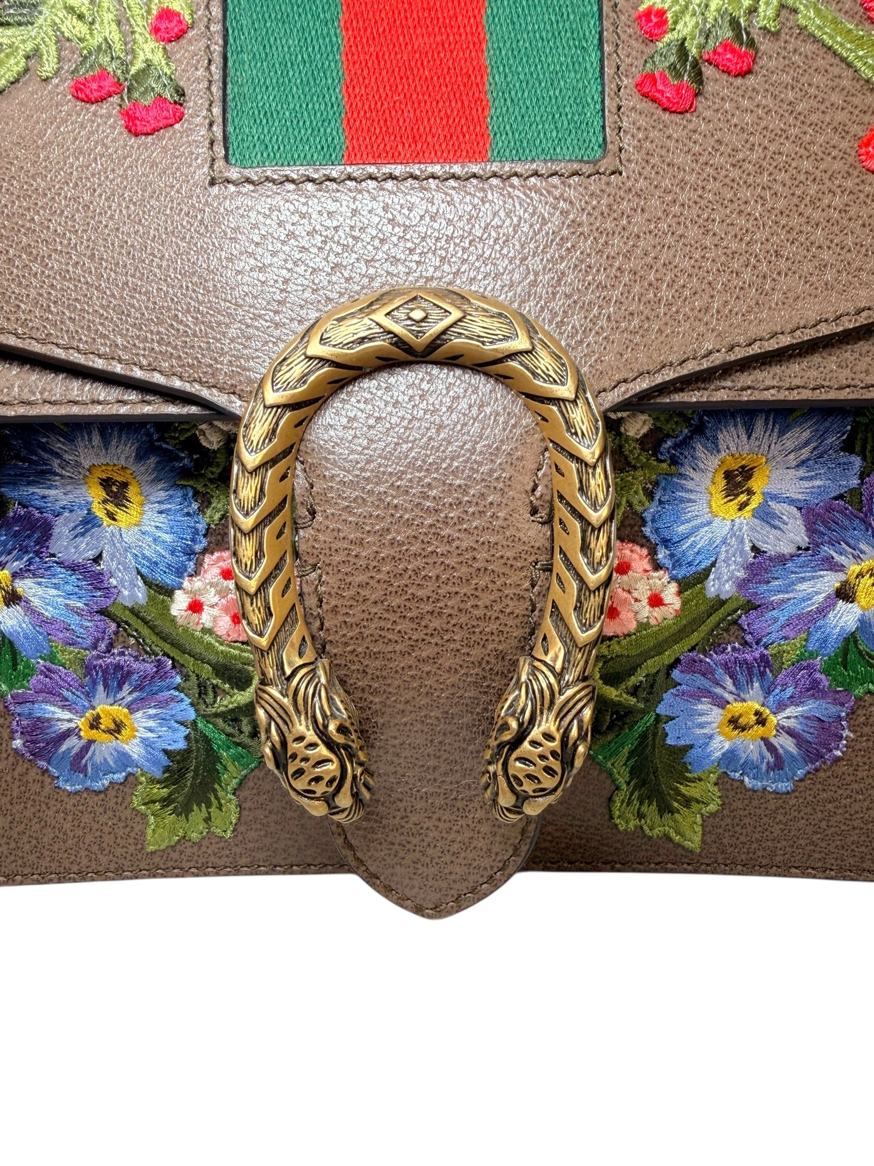 Gucci Dionysus Embroidered Floral Leather Shoulder Bag Taupe Web Stripe