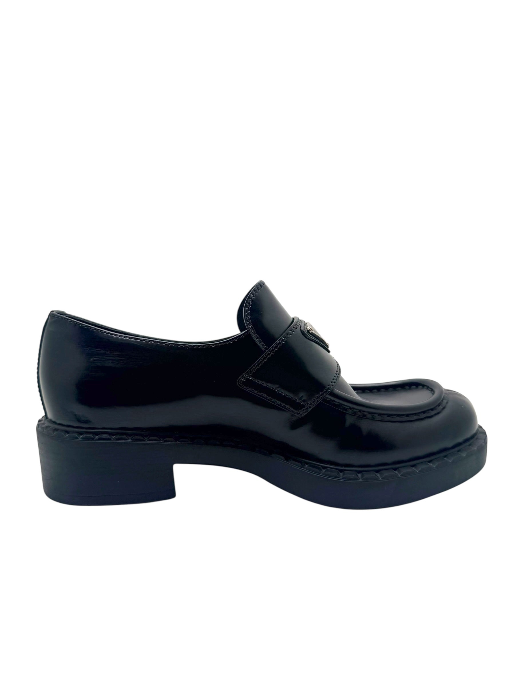 Prada Black Brushed Leather Triangle Logo Loafers Size 38