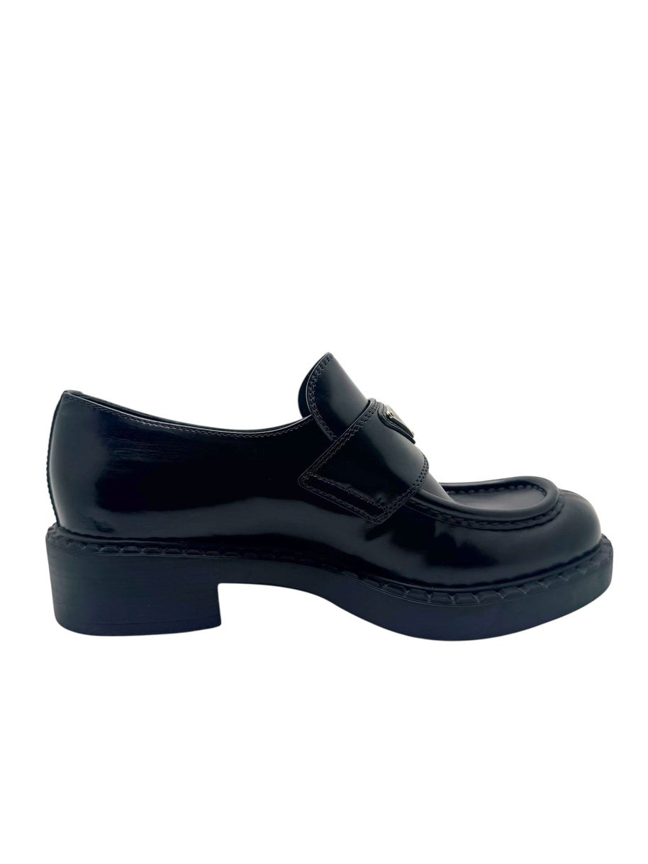 Prada Black Brushed Leather Triangle Logo Loafers Size 38
