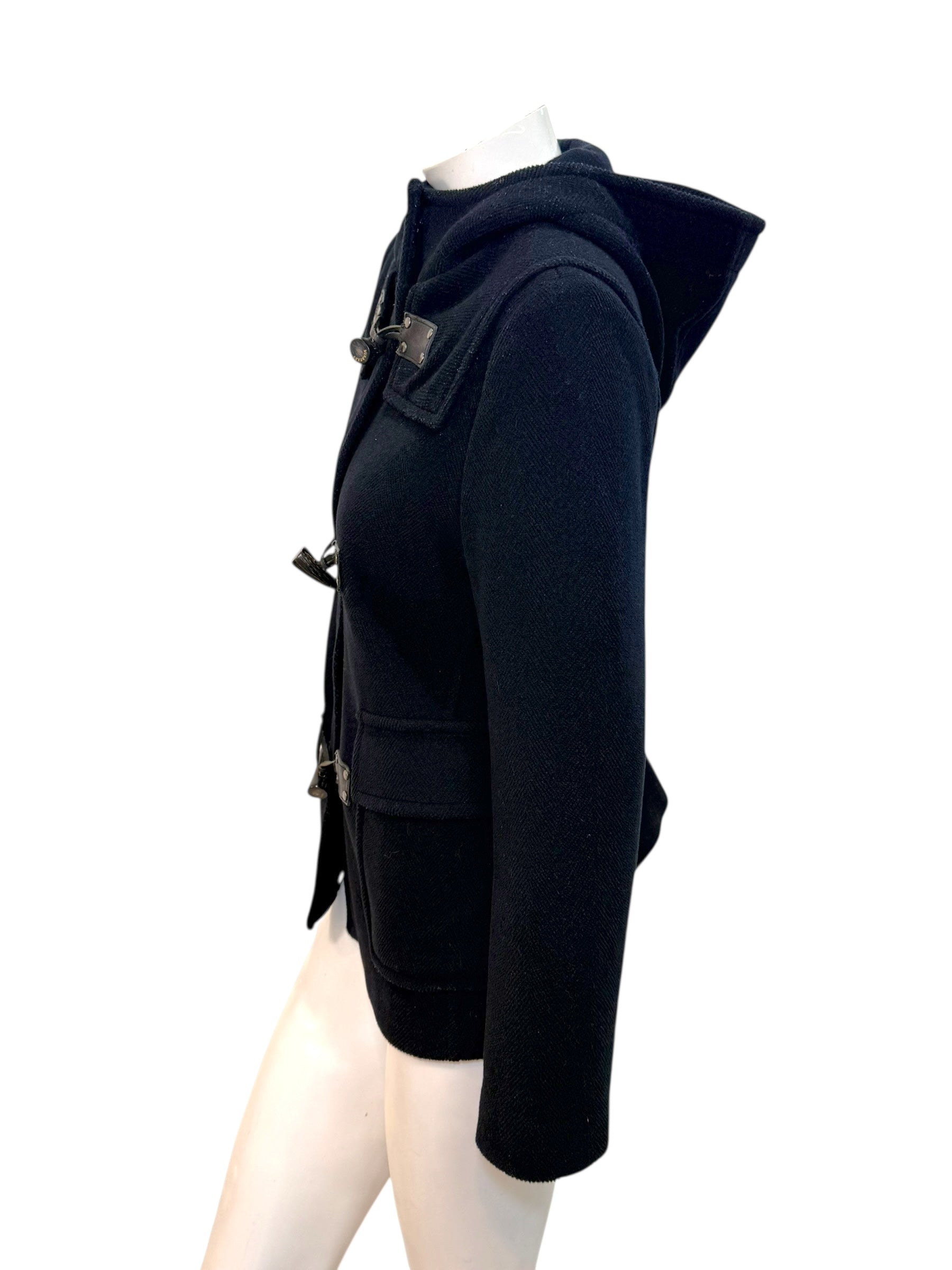 Burberry Black Wool Duffle Jacket with Hood Made in England (Early 2000s) S