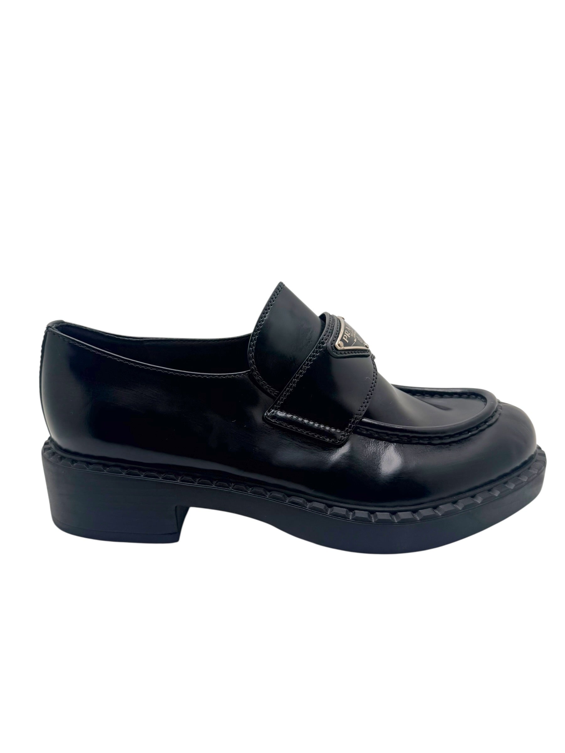 Prada Black Brushed Leather Triangle Logo Loafers Size 38