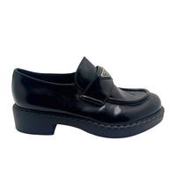 Prada Black Brushed Leather Triangle Logo Loafers Size 38