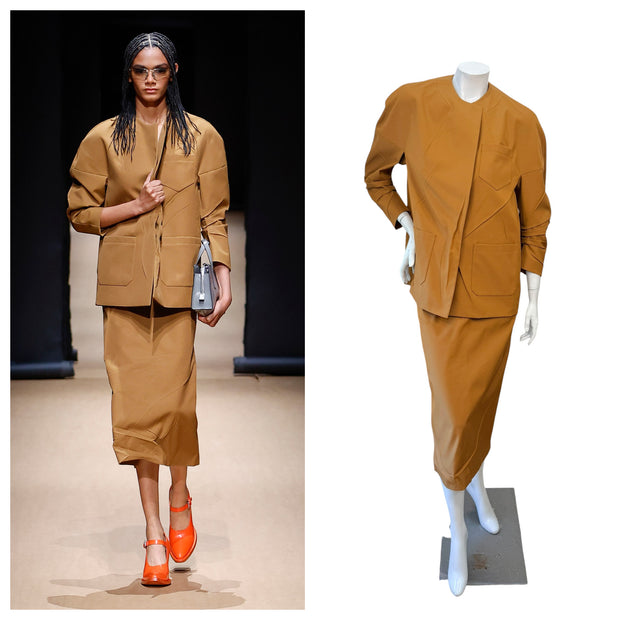 Prada SS2023 Camel Jacket & Pencil Skirt Set IT 38 | Sculpted Made in Italy