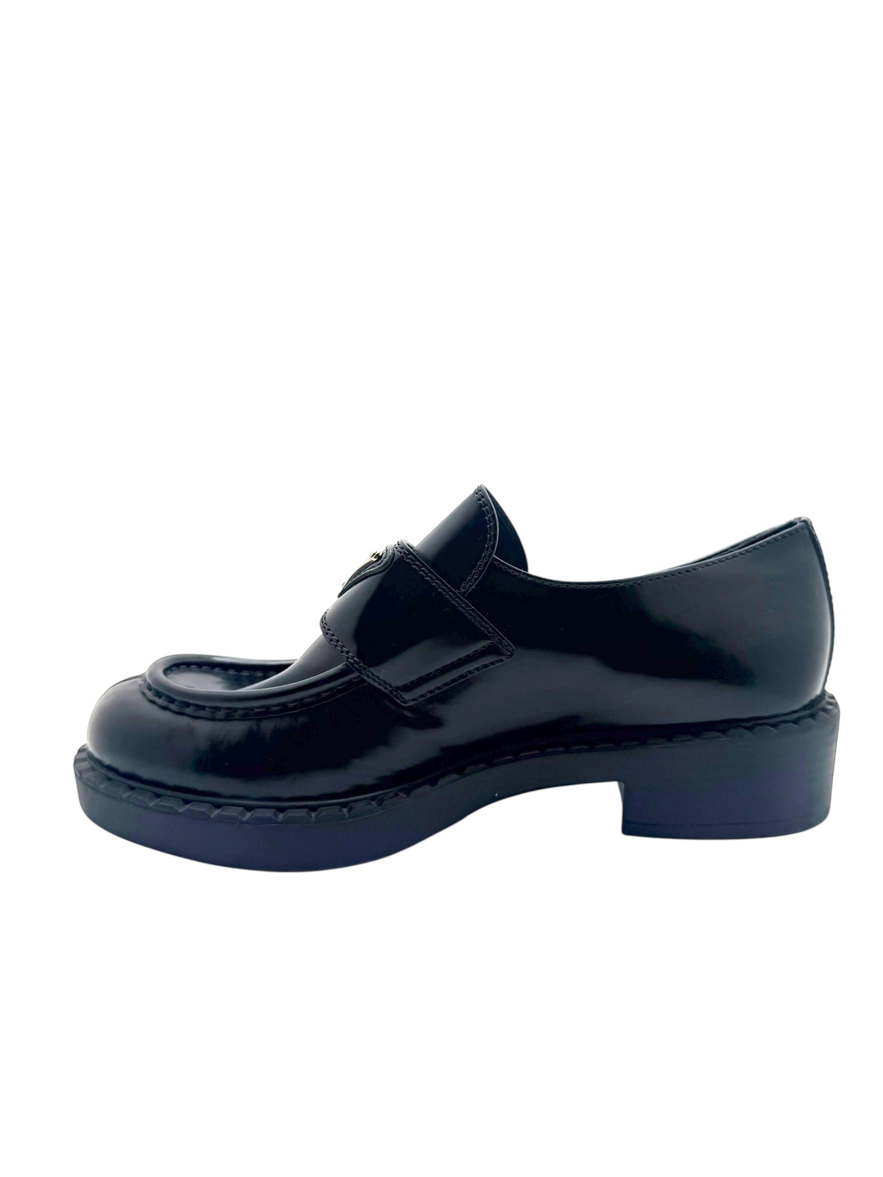 Prada Black Brushed Leather Triangle Logo Loafers Size 38