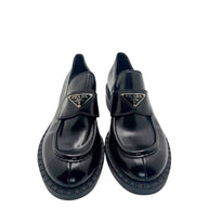 Prada Black Brushed Leather Triangle Logo Loafers Size 38