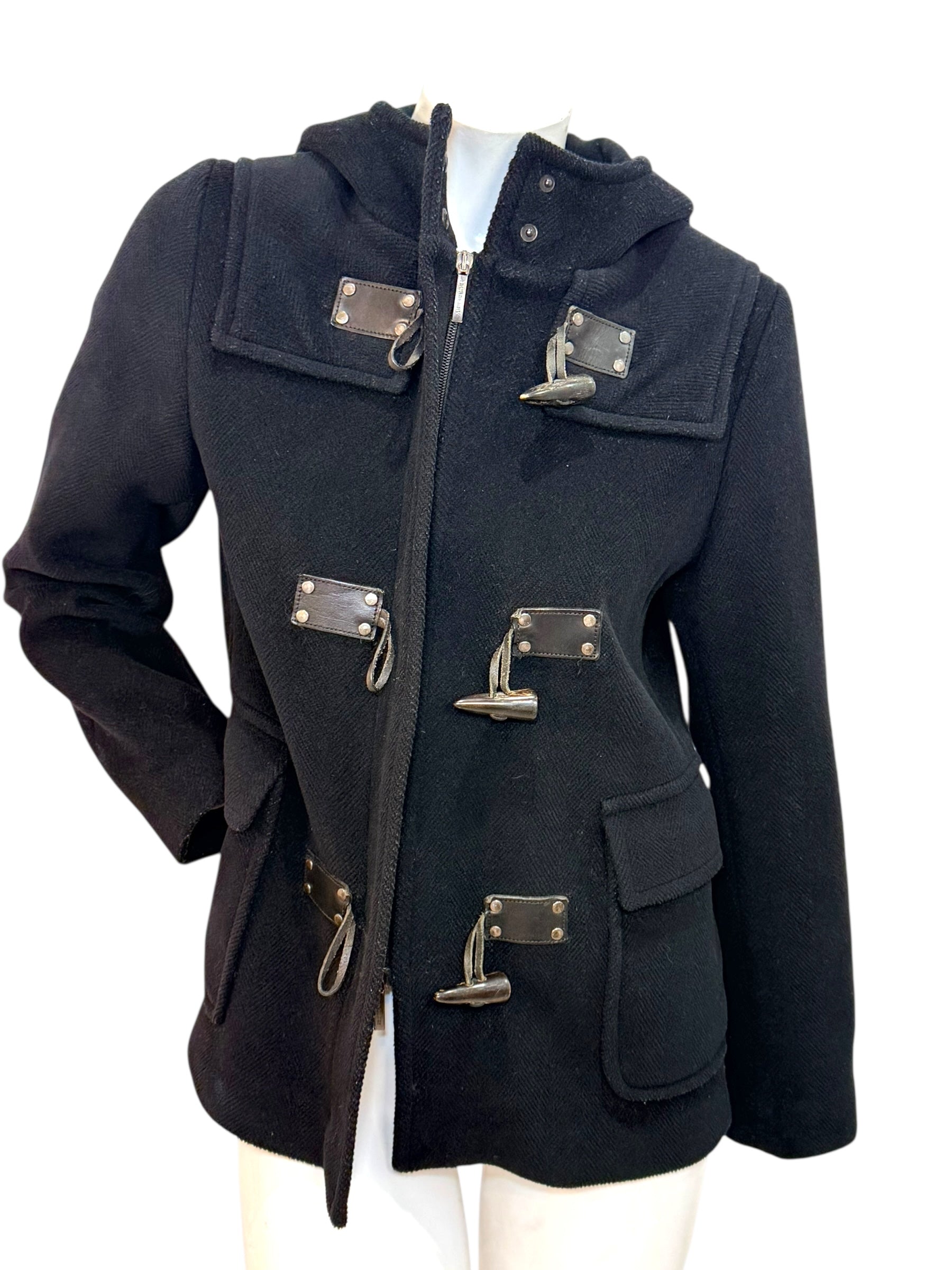 Burberry Black Wool Duffle Jacket with Hood Made in England (Early 2000s) S