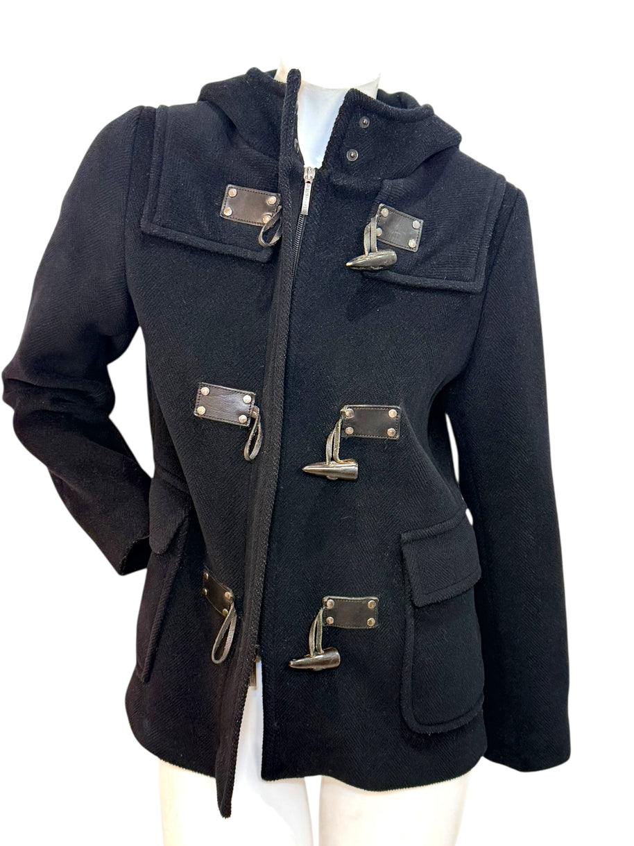 Burberry Black Wool Duffle Jacket with Hood Made in England (Early 2000s) S