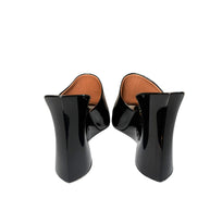 Black Alaia leather high-heeled mule shoes with brown soles back view on a white background