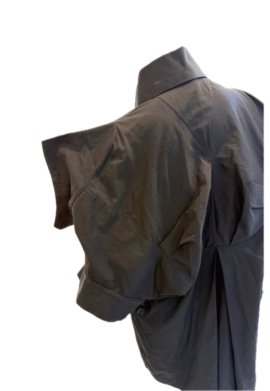 Alexander McQueen Black detailed view of sculptured shoulder and kimono sleeve on a white background