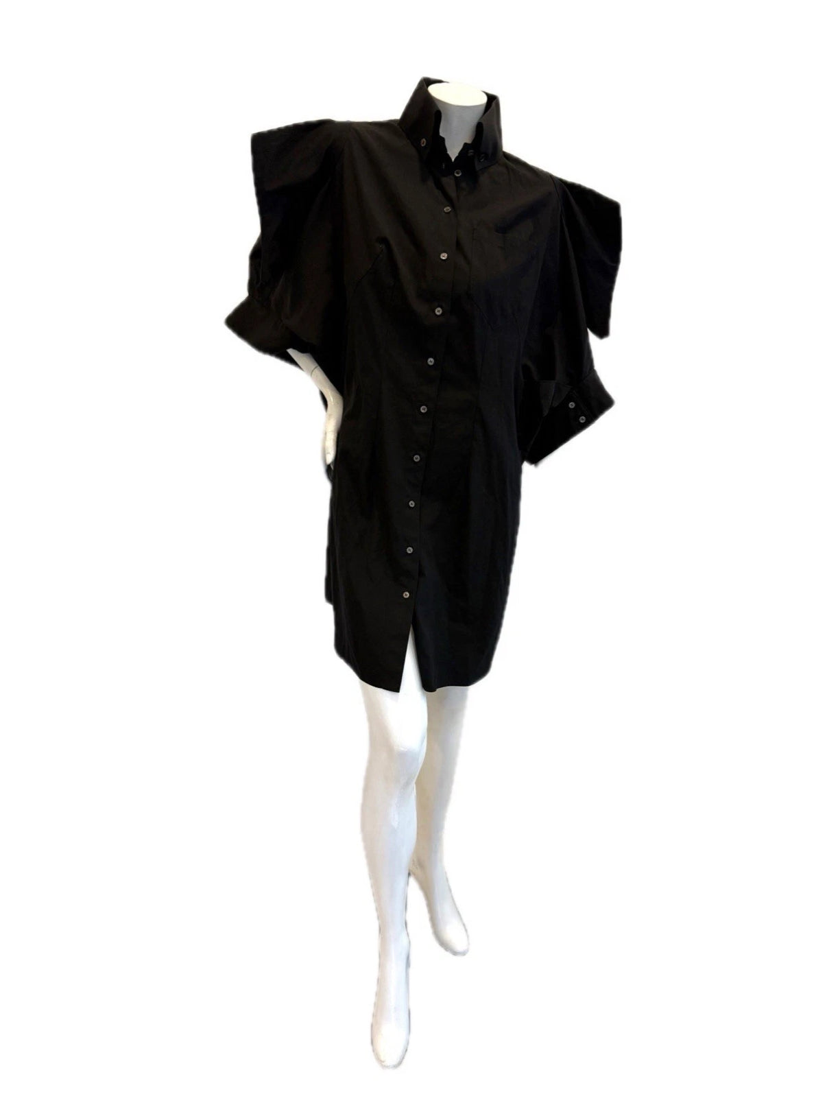 Alexander McQueen Black sculptured shirt dress on a mannequin against a white background