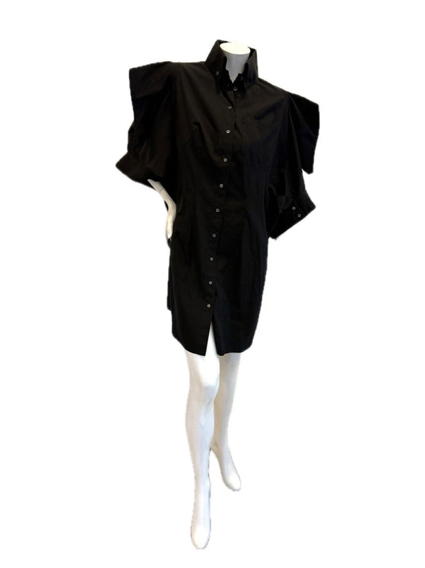 Alexander McQueen Black sculptured shirt dress on a mannequin against a white background
