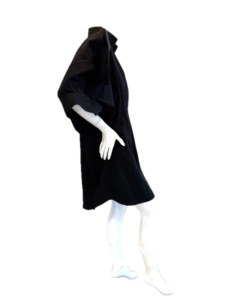 Alexander McQueen Black shirt dress right side view on a mannequin against a white background