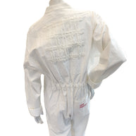 Close-up of back lattice appliqué on the Bernhard Willhelm SS20 “Lost Weekend” white jumpsuit.