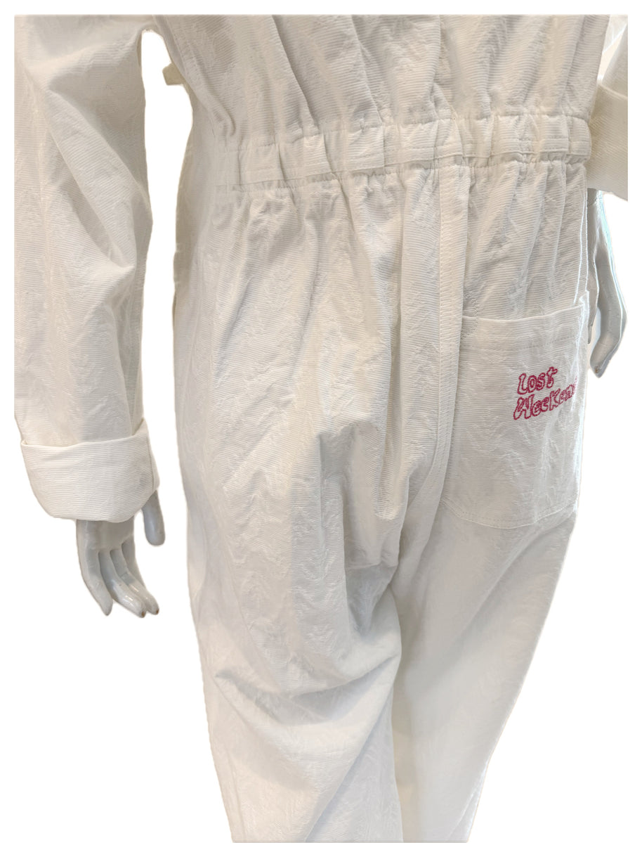 Close-up of gathered back waist and pocket detail on Bernhard Willhelm SS20 jumpsuit.